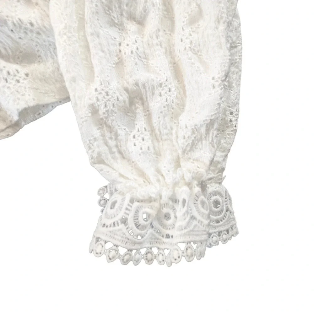 Zara White Eyelet Lace Crochet Boho Balloon‎ Sleeve Blouse Large